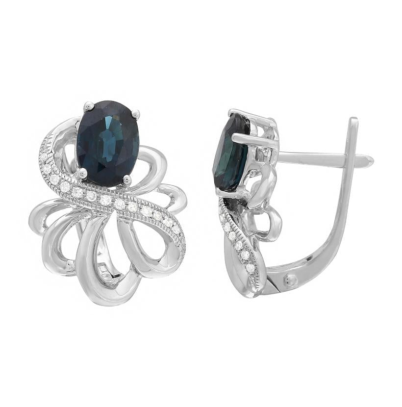 0.09 Ctw Diamond 14k White Gold Sapphire Round Shape Womens Gemstone Earrings