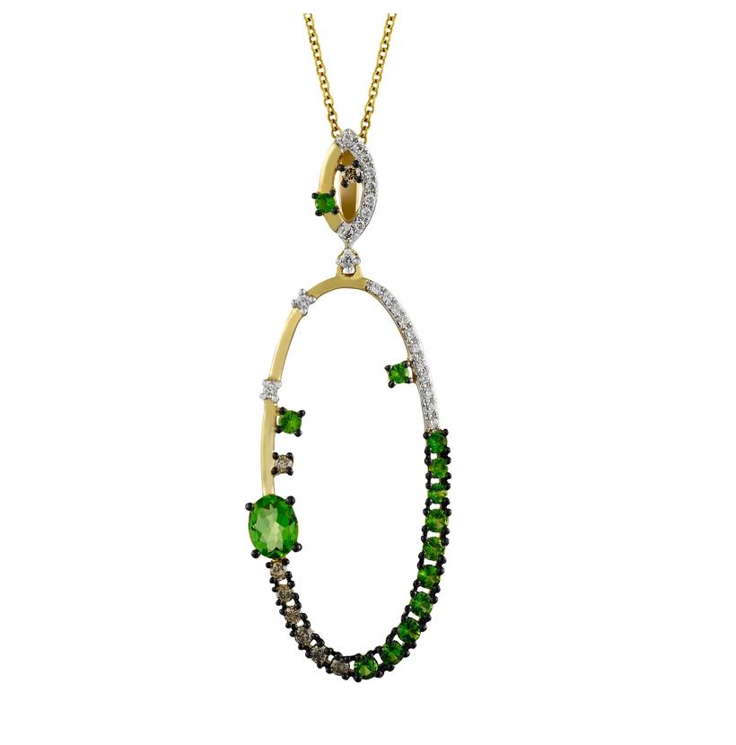 0.2 Ctw Diamond 14k Yellow Gold Tsavorite Round Shape Womens Gemstone Necklace Pendant With 16 Inch Chain