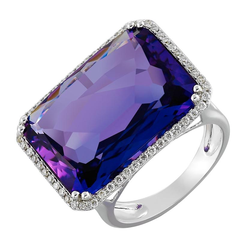 0.33 Ctw Diamond 14k White Gold Amethyst Round Shape Womens Gemstone Ring