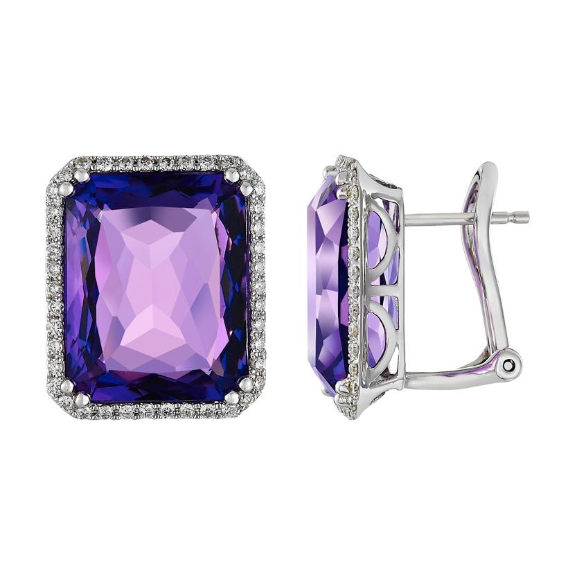 0.5 Ctw Diamond 14k White Gold Amethyst Round Shape Womens Gemstone Earrings