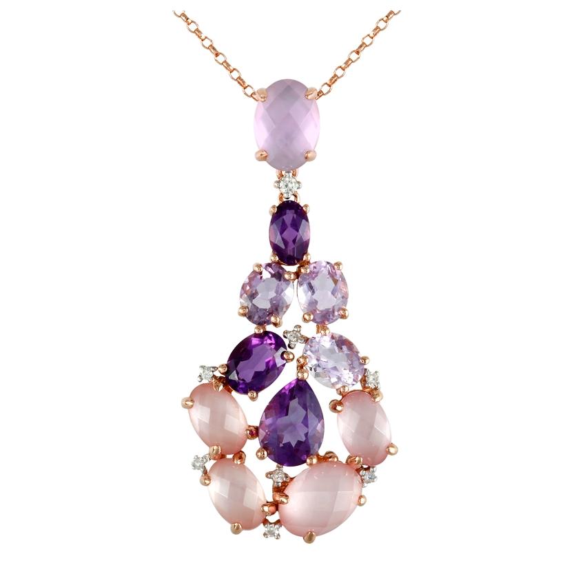 0.04 Ctw Diamond 14k Rose Gold Amethyst Quartz Round Shape Womens Gemstone Necklace Pendant With 16 Inch Chain