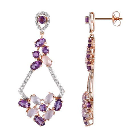 0.2 Ctw Diamond 14k Rose Gold Amethyst Quartz Round Shape Womens Gemstone Earrings