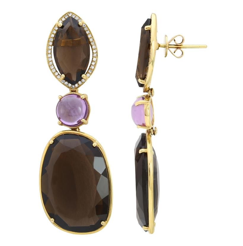 0.25 Ctw Diamond 14k Yellow Gold Amethyst Topaz Round Shape Womens Gemstone Earrings