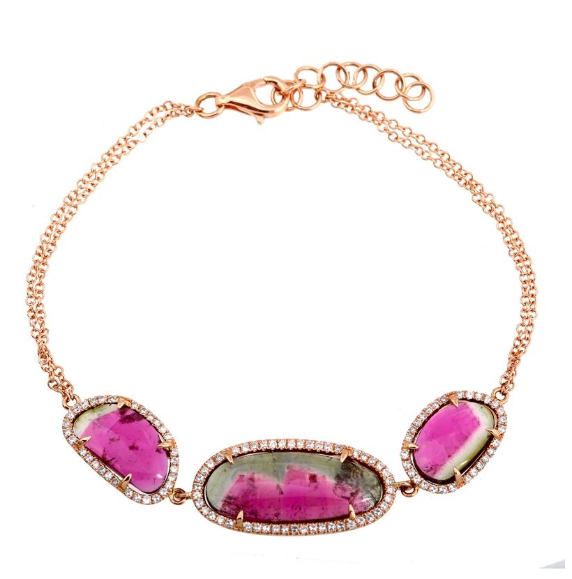 0.36 Ctw Diamond 14k Rose Gold Tourmaline Round Shape Womens Gemstone Bracelet