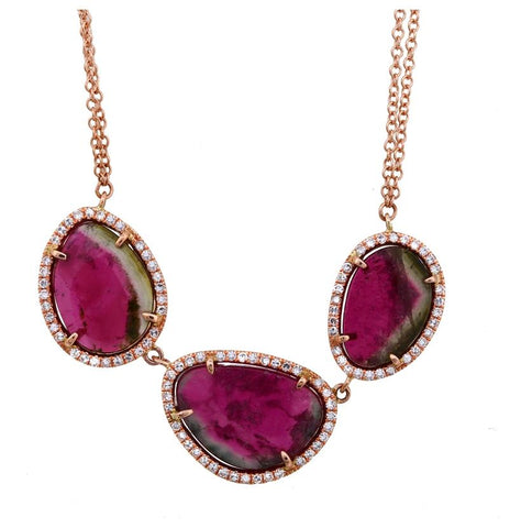 0.34 Ctw Diamond 14k Rose Gold Tourmaline Round Shape Womens Gemstone Necklace