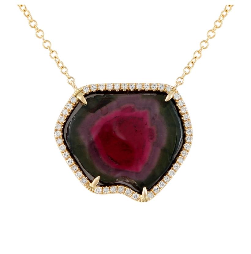 0.15 Ctw Diamond 14k Yellow Gold Tourmaline Round Shape Womens Gemstone Necklace