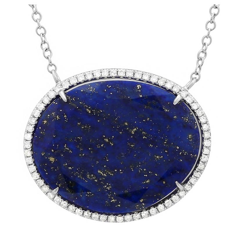 0.18 Ctw Diamond 14k White Gold Lapis Round Shape Womens Gemstone Necklace