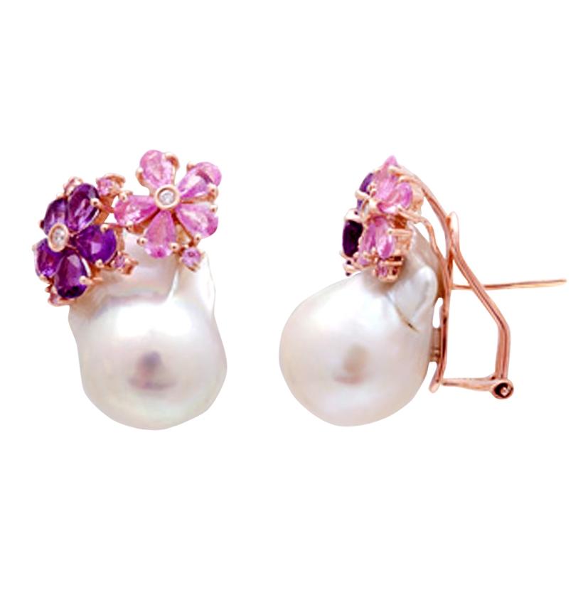 0.1 Ctw Diamond 18k Rose Gold Sapphire Amethyst Pearl Earrings