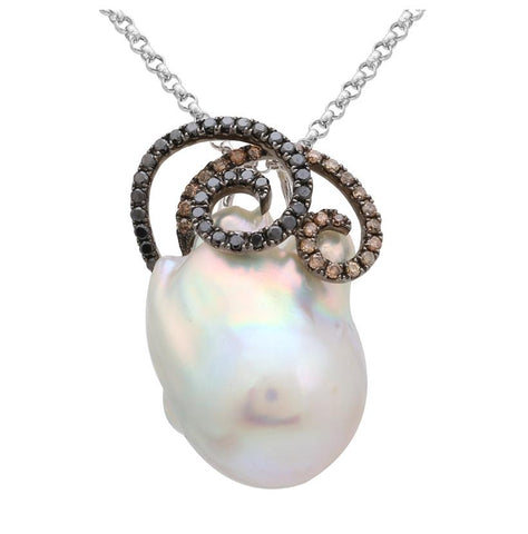 0.59 Ctw Diamond 14k White Gold Pearl Necklace Pendant With 16 Inch Chain