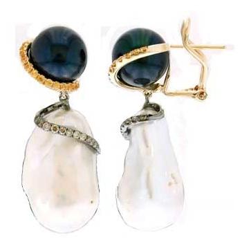 0.29 Ctw Diamond 14k Two Tone Gold Sapphire Pearl Earrings