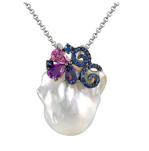 14k White Gold Sapphire Multi-color Pearl Necklace Pendant With 16 Inch Chain