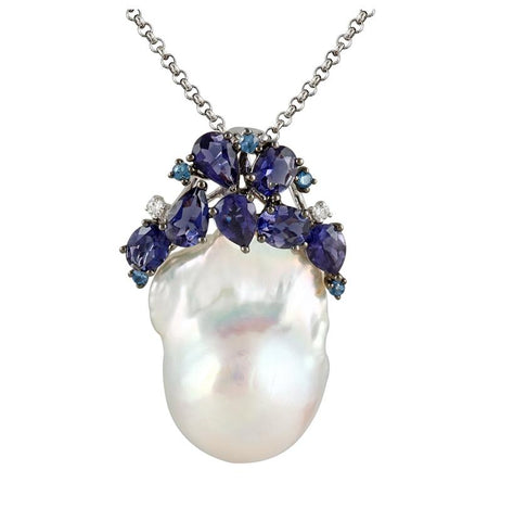 0.04 Ctw Diamond 14k White Gold Sapphire Iolite Pearl Necklace Pendant With 16 Inch Chain