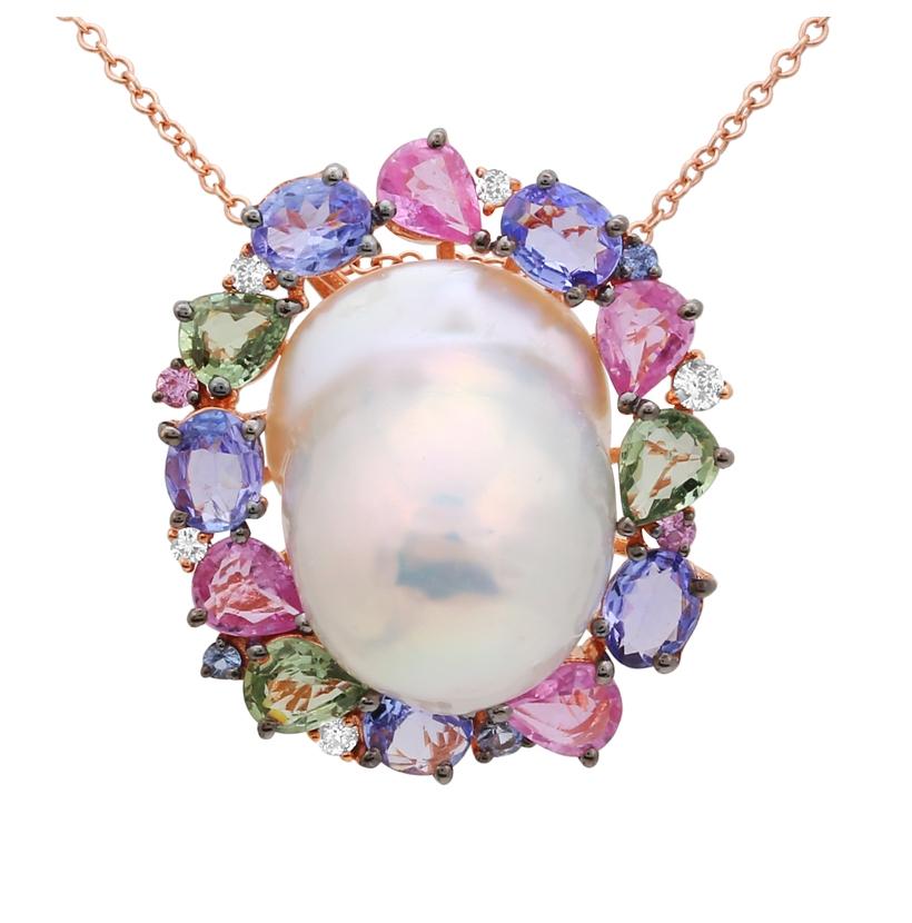 0.11 Ctw Diamond 14k Rose Gold Tanzanite Sapphire Pearl Necklace Pendant With 16 Inch Chain