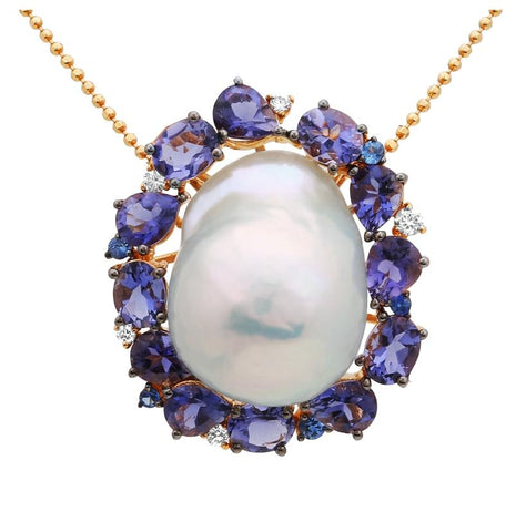 0.11 Ctw Diamond 14k Yellow Gold Iolite Sapphire Pearl Necklace Pendant With 16 Inch Chain