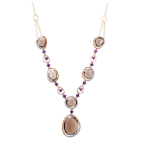 0.45 Ctw Diamond 14k Rose Gold Amethyst Topaz Round Shape Womens Gemstone Necklace