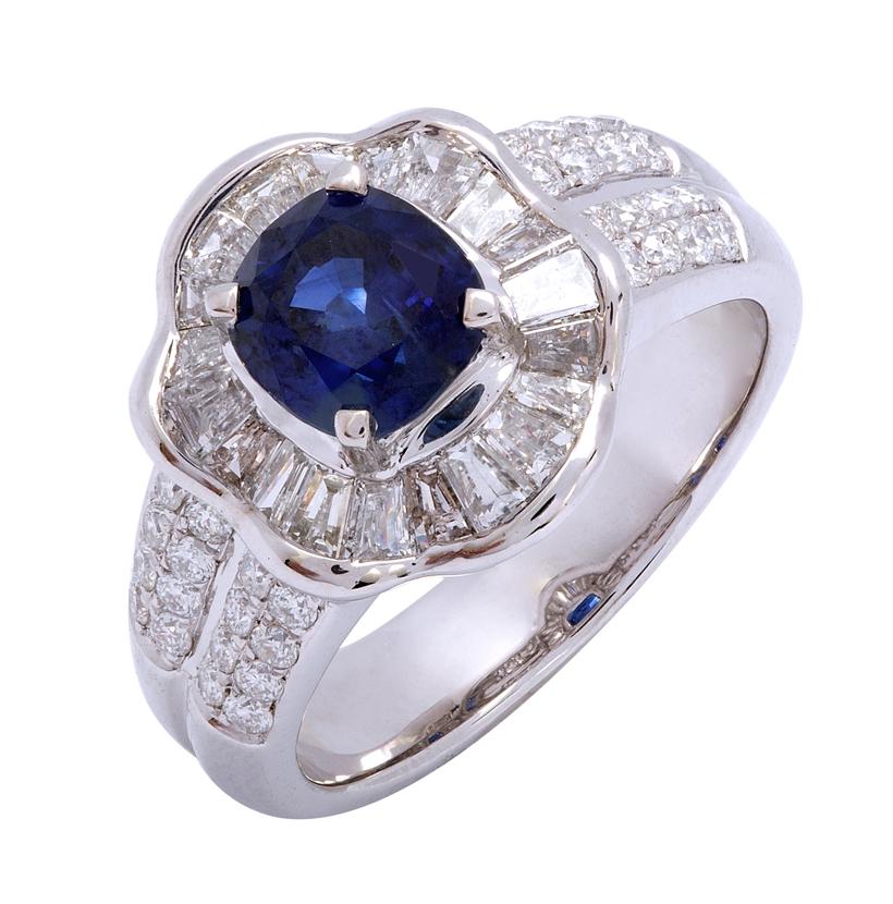 1.16 Ctw Diamond 18k White Gold Sapphire Round Tap Baguette Shape Womens Gemstone Ring