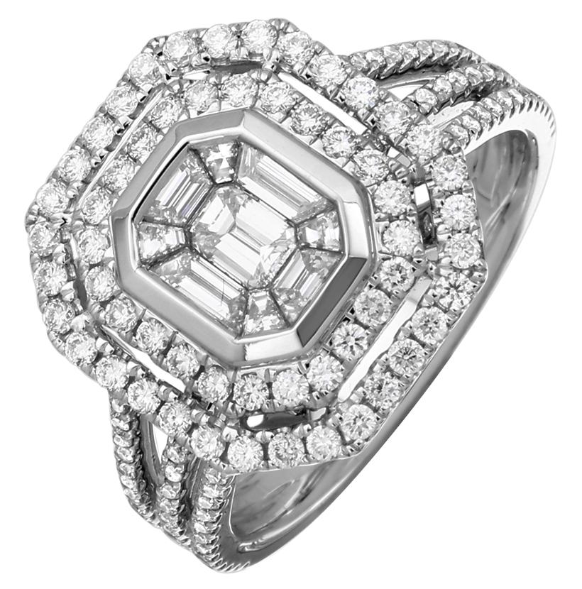 1.26 Ctw Diamond 18k White Gold Round Tap Baguette Octagon Shape Womens Diamond Ring