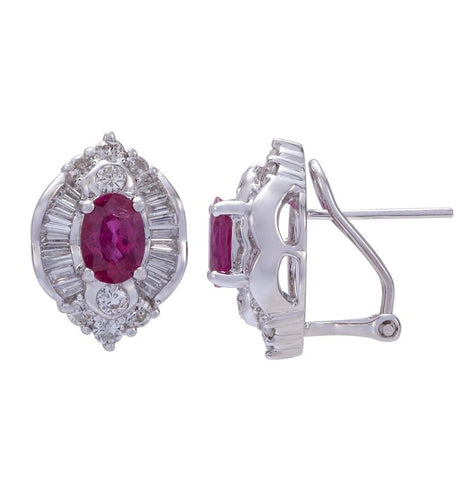 1.94 Ctw Diamond 18k White Gold Ruby Round Tap Baguette Shape Womens Gemstone Earrings