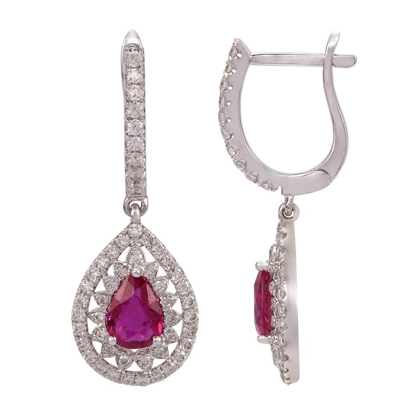 0.86 Ctw Diamond 18k White Gold Ruby Round Shape Womens Gemstone Earrings