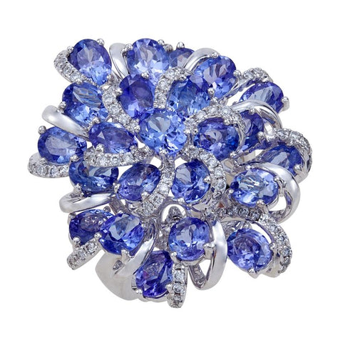 0.61 Ctw Diamond 18k White Gold Tanzanite Round Shape Womens Gemstone Ring