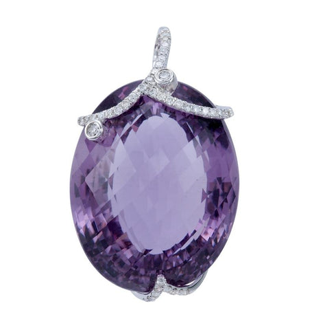 0.33 Ctw Diamond 18k White Gold Amethyst Round Shape Womens Gemstone Necklace Pendant