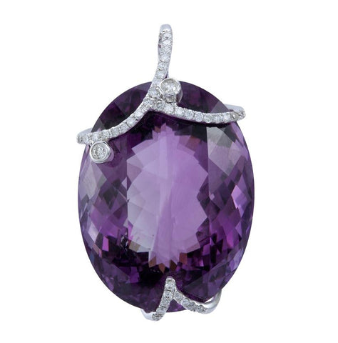 0.33 Ctw Diamond 18k White Gold Amethyst Round Shape Womens Gemstone Necklace Pendant