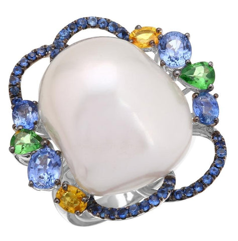 18k White Gold Multi-gems Pearl Ring