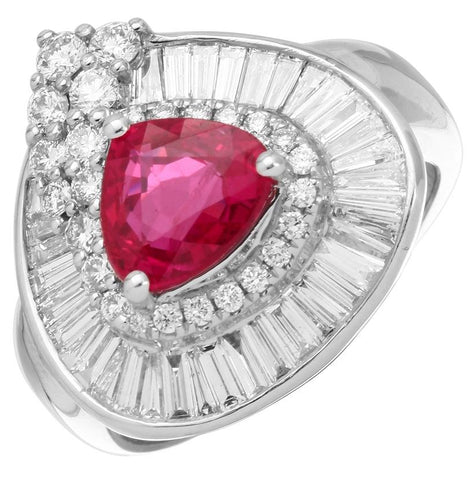 1.55 Ctw Diamond 18k White Gold Ruby Round Tap Baguette Shape Womens Gemstone Ring