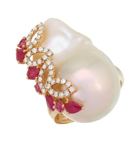 0.36 Ctw Diamond 18k Rose Gold Ruby Sapphire Pearl Ring