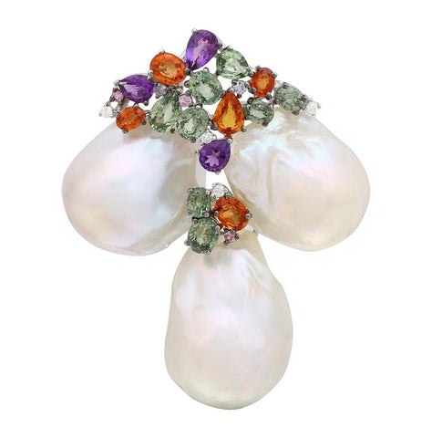 0.09 Ctw Diamond 18k White Gold Multi-color Pearl Necklace Pendant