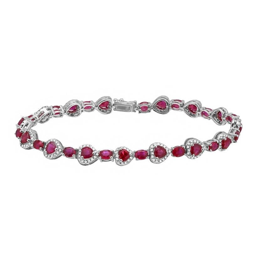 0.64 Ctw Diamond 18k White Gold Ruby Round Shape Womens Gemstone Bracelet