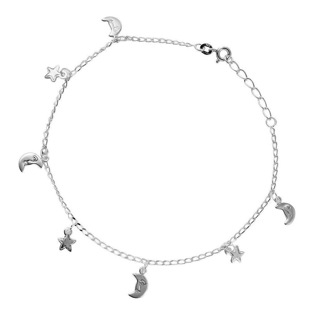 .925 Sterling Silver Moon Star Charm Anklet