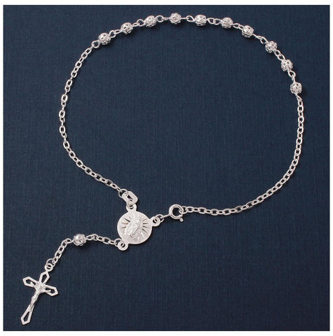 .925 Sterling Silver High Polished Filigree Rosary Anklet 4mm