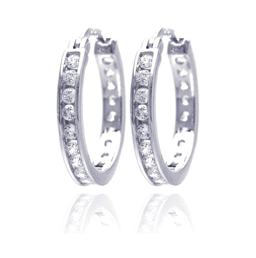 .925 Sterling Silver Rhodium Plated Round Clear Cz Hoop Earring