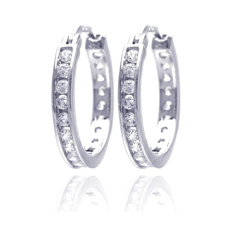 .925 Sterling Silver Rhodium Plated Round Clear Cz Hoop Earring