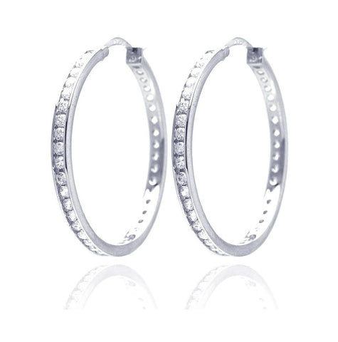 .925 Sterling Silver Rhodium Plated Round Clear Cz Hoop Earring