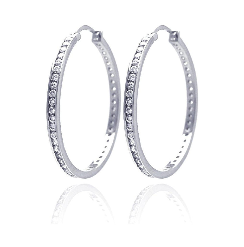 .925 Sterling Silver Rhodium Plated Round Clear Cz Hoop Earring