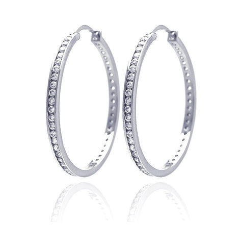 .925 Sterling Silver Rhodium Plated Round Clear Cz Hoop Earring