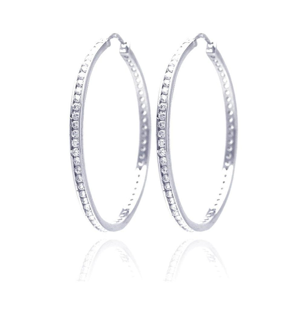 .925 Sterling Silver Rhodium Plated Round Clear Cz Hoop Earring