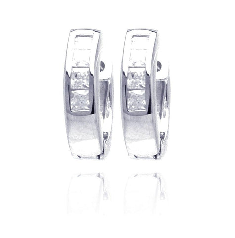 .925 Sterling Silver Rhodium Plated Channel Clear Cz Hoop Earring