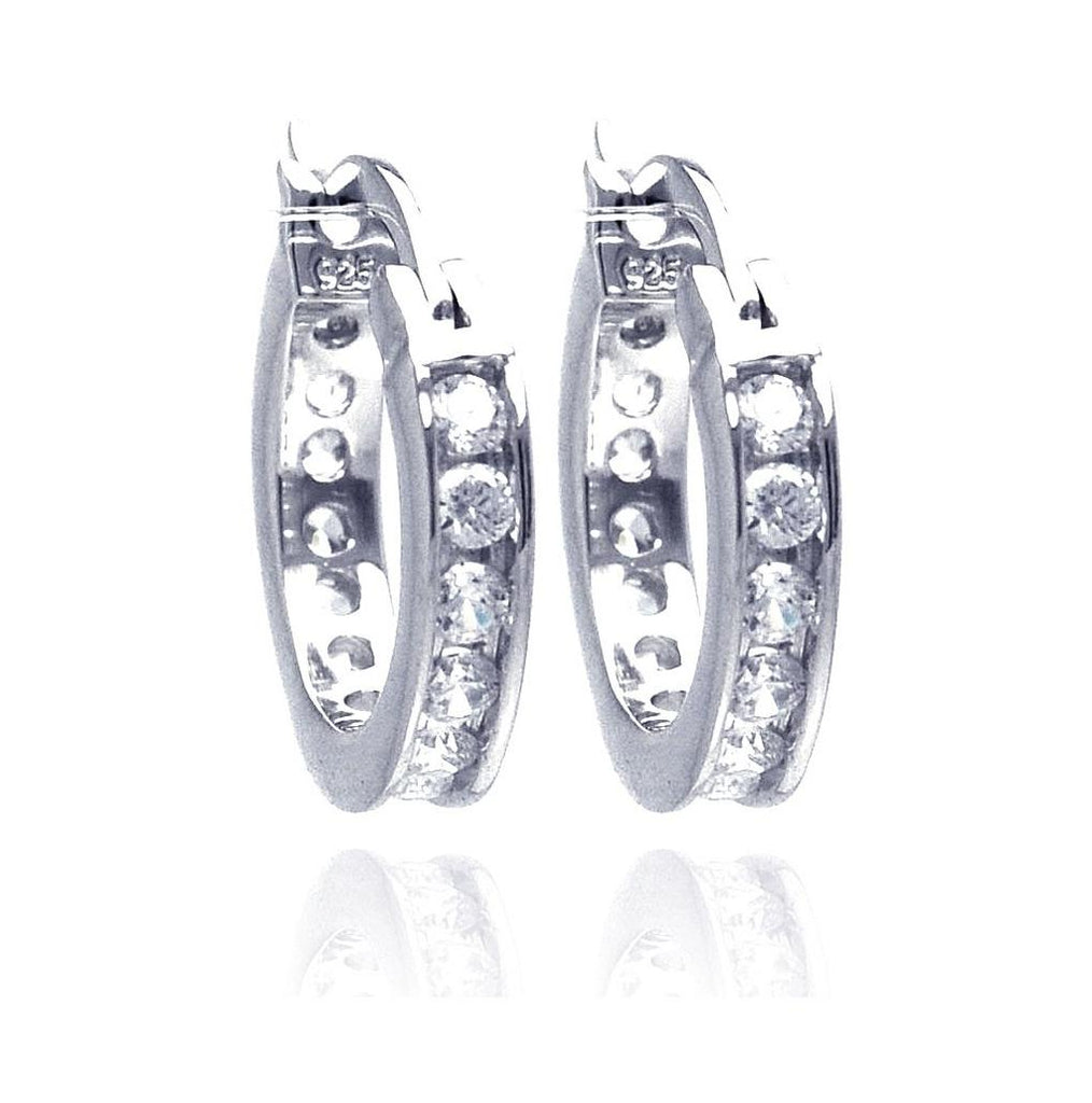 .925 Sterling Silver Rhodium Plated Channel Clear Cz Hoop Earring