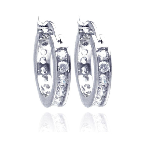 .925 Sterling Silver Rhodium Plated Channel Clear Cz Hoop Earring