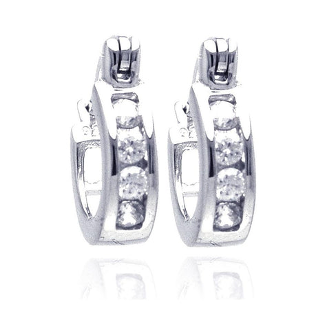 .925 Sterling Silver Rhodium Plated Channel Clear Cz Hoop Earring