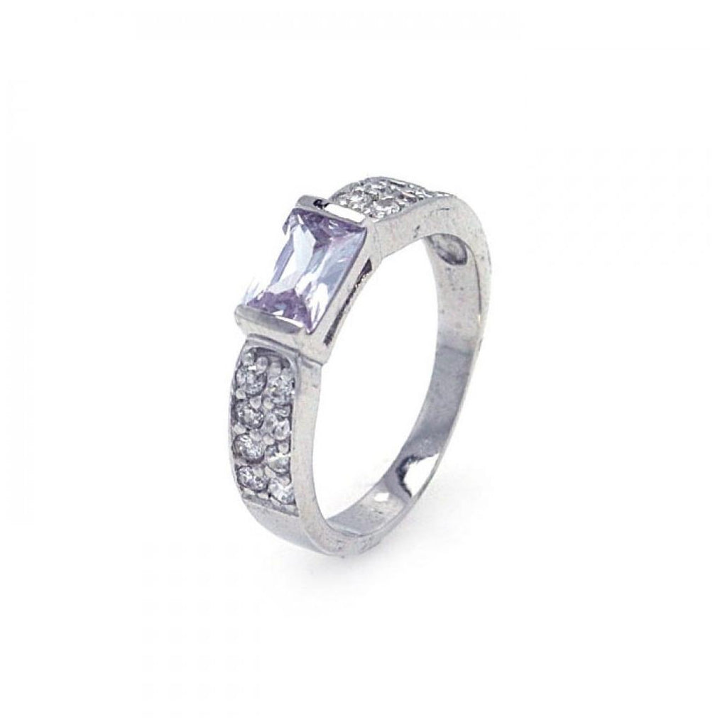 .925 Sterling Silver Rhodium Plated Lavender Rectangular Center Pave Cz Ring, <b>size: 5</b>