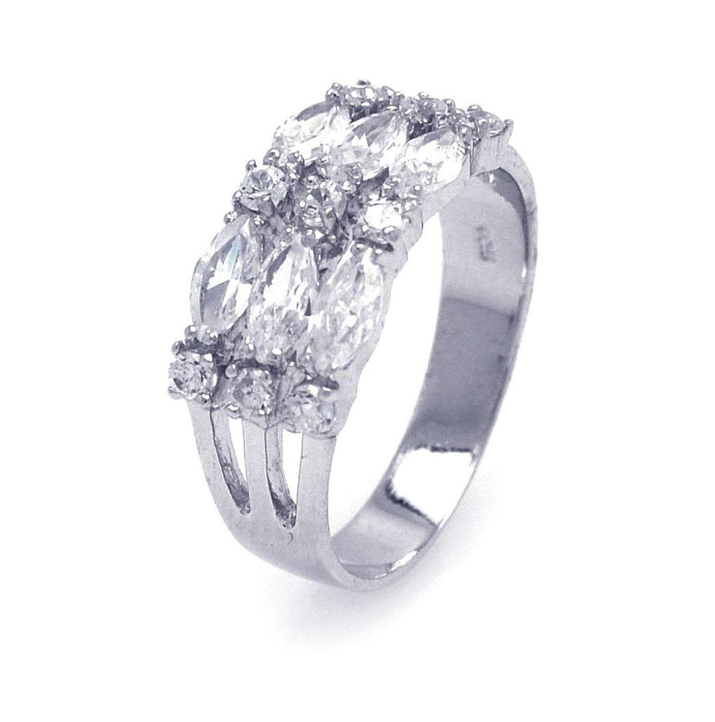 .925 Sterling Silver Rhodium Plated Round Marquise Cz 3 Row Ring, <b>size: 5</b>