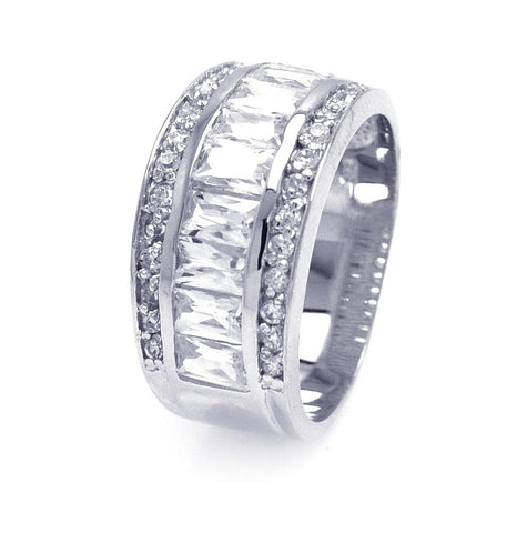 .925 Sterling Silver Rhodium Plated Half Channel Clear Baguette Round Cz Ring, <b>size: 5</b>