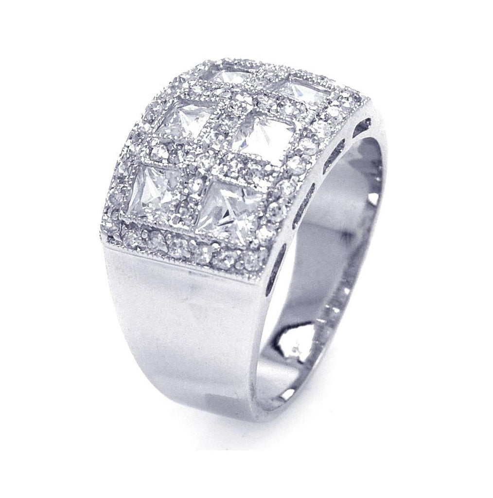 .925 Sterling Silver Rhodium Plated Clear Square Pave Cz Cigar Band Bling Ring, <b>size: 5</b>