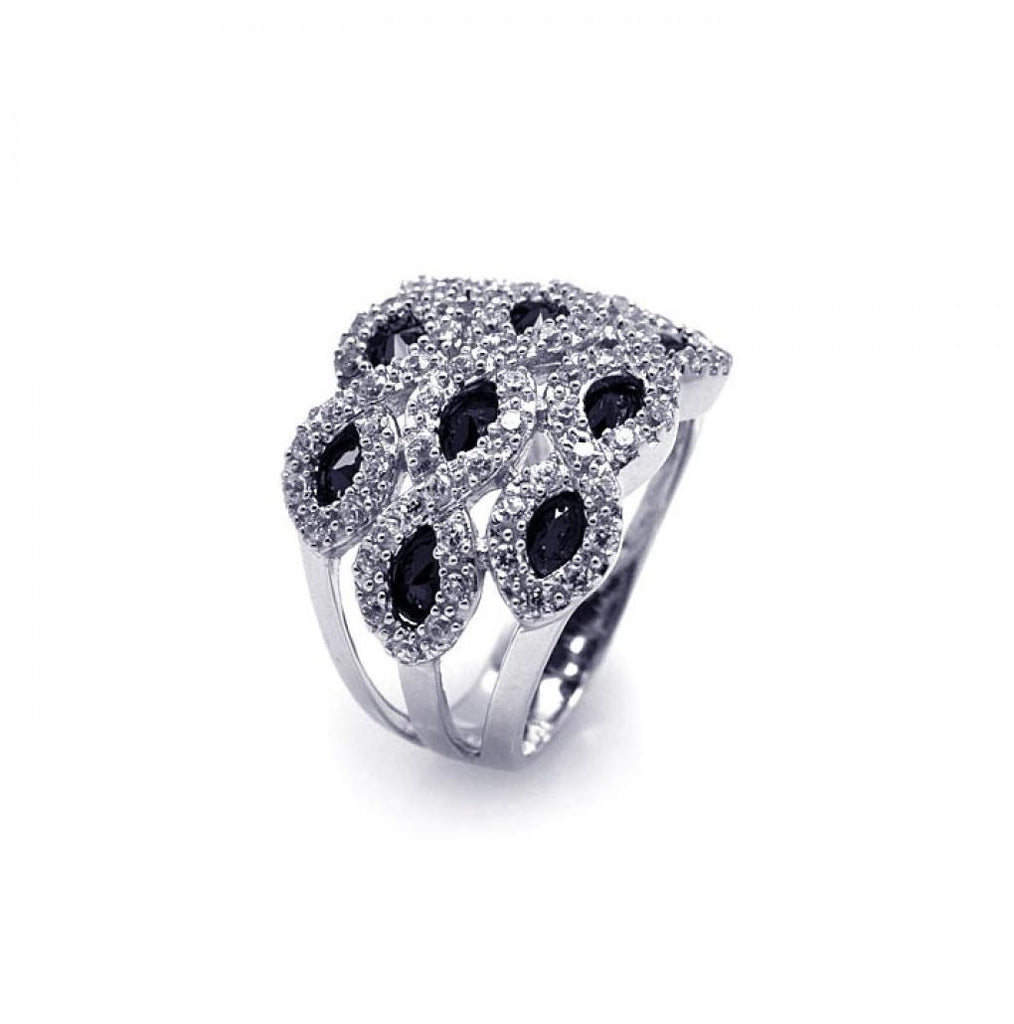 .925 Sterling Silver Rhodium Plated Clear & Black Marquise Cz Cigar Band Ring, <b>size: 5</b>