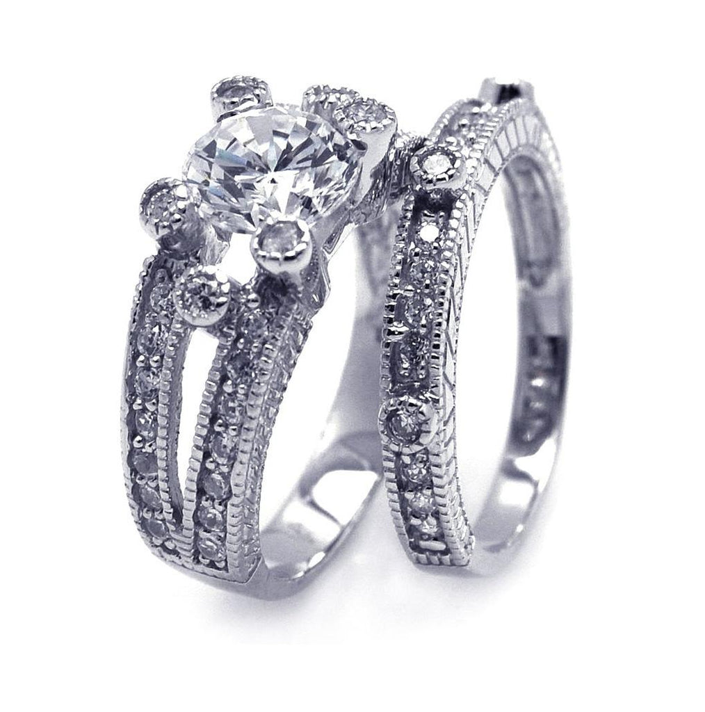 .925 Sterling Silver Rhodium Plated Pave Cz Ornate Wedding Ring Set, <b>size: 5</b>