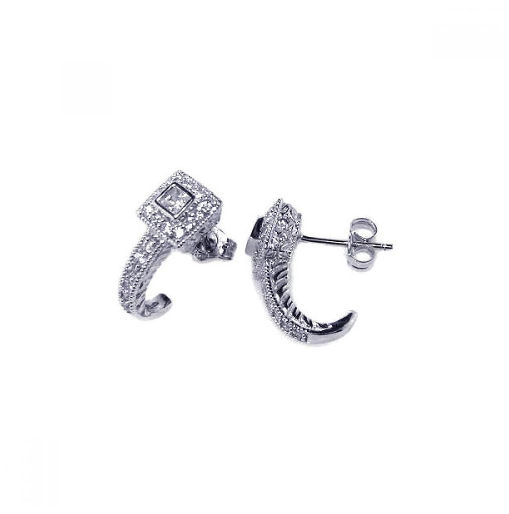 .925 Sterling Silver Rhodium Plated Crescent Micro Pave Clear Cz Stud Post Earring